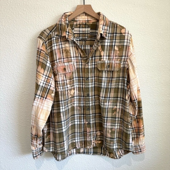 Women's Large Button Down Shirt Plaid Bleach Boho Grunge 90's Handmade Cotton - Picture 1 of 10